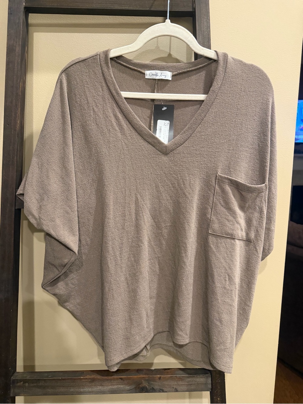 Charlotte Avery -  Relaxed V-Neck Pocket Tunic in Taupe
